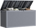 90 Gallon Outdoor Storage Box, Lockable Package Outside Storage Box Waterproof, Patio Cushions Deck Storage Boxes, Rattan Plastic Garden Hose Containers Resin Pool Storage Bins with lids, Grey