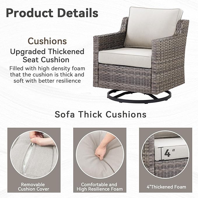 Patio Furniture Set, 6 Pieces Outdoor Wicker Rattan Sofa Couch with Swivel Rocking Chair, Side Table, Ottoman and Comfy Cushions, All Weather Patio Conversation Sets, Suit for Porch