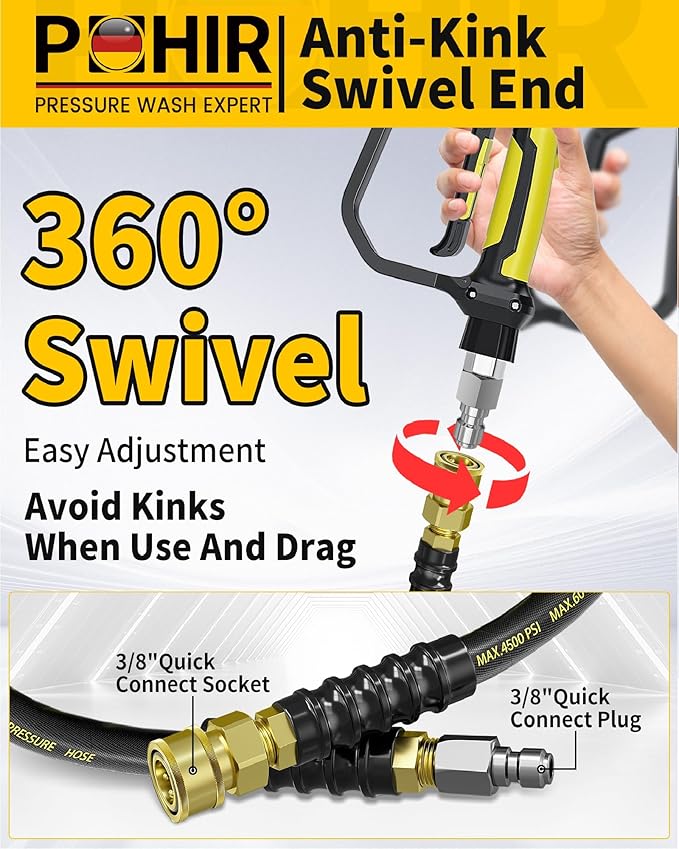 POHIR Pressure Washer Hose 50ft 4500PSI, Power Washer Hose Steel Wire Braided 3/8'' Swivel Quick Connect, 5/16'' ID. Commercial Grade Industrial High Pressure Water Washing Hose