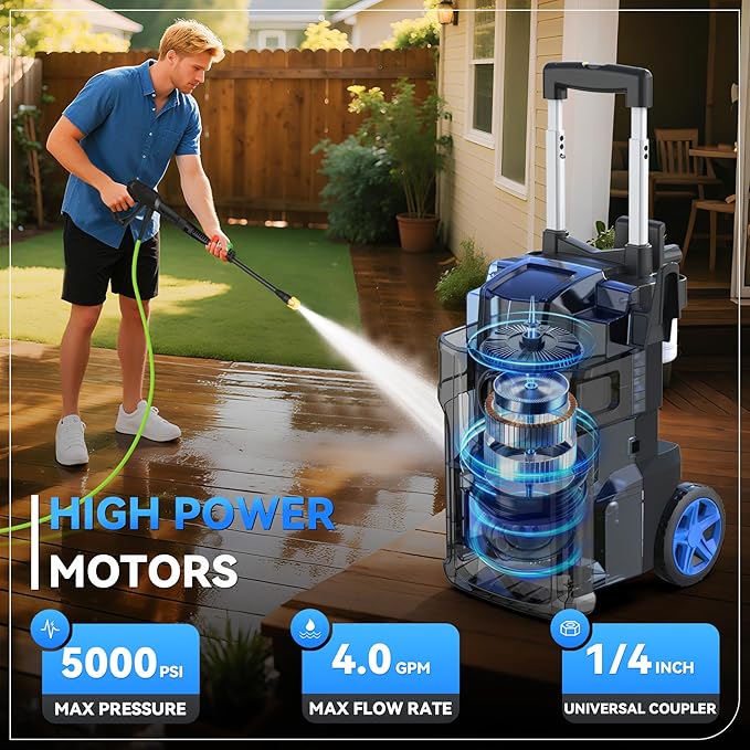 Pressure Cleaner, 5000 PSI 4.0 GPM Heavy Duty Power Cleaner, with 4 Nozzles,Foam Cannon,33FT Hose Reel and 500ml Soap Bottle for Home/Cars(Blue)