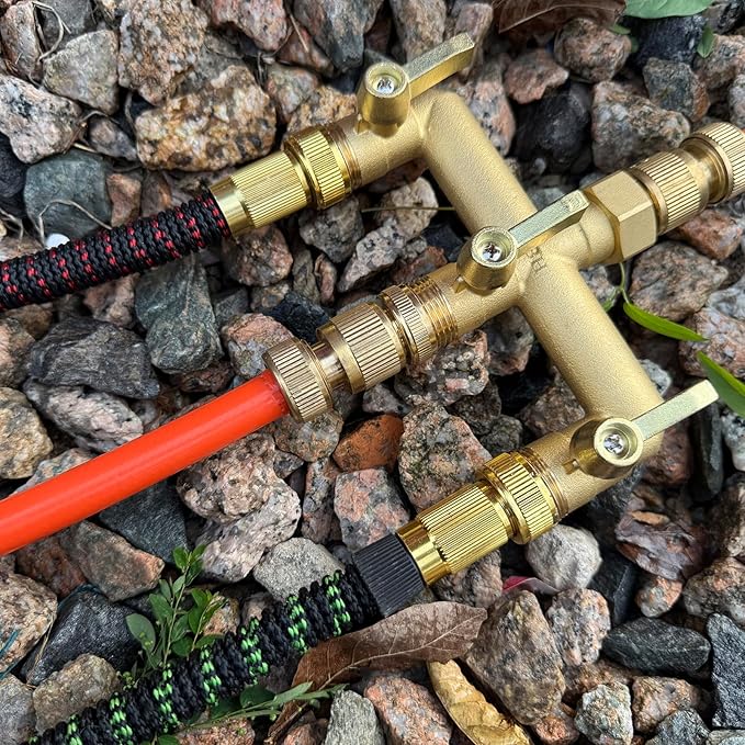 EBH Brass Garden Hose Splitter, 3 Way High Flow Outdoor Faucet Splitter,Full Flow 3-Way Brass Heavy Duty Hose Splitter With 3 Long Metal Handle and Individual On/Off Valve。