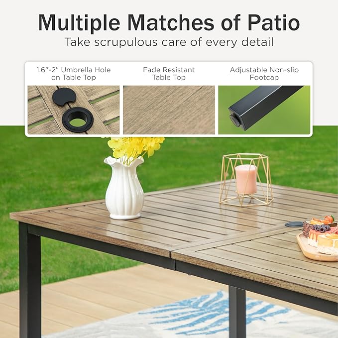 PHI VILLA 7-Piece Outdoor Dining Set, Heavy Duty Patio Table and Chairs Set with Umbrella Hole for 6, 64" Rectangular Patio Woodgrain Metal Table & Wicker Metal Chairs with Cushions, 2 Swivel
