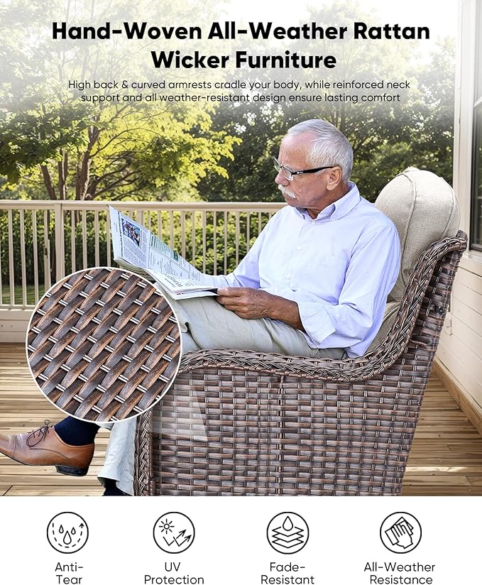HUMMUH 6-Piece Outdoor Wicker Patio Furniture Set with Swivel Glider Chairs, Loveseat & Ottomans 5” Olefin Cushions Ergonomic Neck-Lumbar Backrest All-Weather Rattan for Garden, Deck, Porch