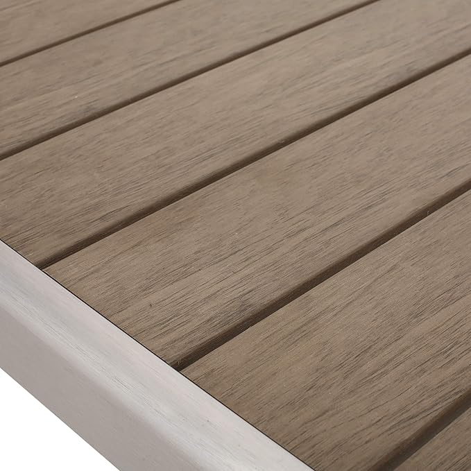 Great Deal Furniture Hannah Outdoor Modern Aluminum Dining Table with Faux Wood Table Top, Natural and Silver