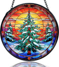 kdqua Christmas Tree Suncatcher Stained Glass Window Hanging, Winter Xmas Tree Sun Catchers Indoor Window Glass Round Wall Decor, Wall Art Hanging Decorations Statues, 7.9x7.9in