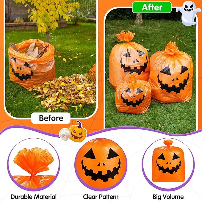 Qilery 6 Pcs Halloween Leaf Lawn Bags Plastic Pumpkin Trash Bags for Leaves with Twist Ties for Halloween Yard Garden Outdoor Party Favors Decorations