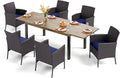 PHI VILLA 7 Piece Outdoor Dining Set for 6, Expandable Wood-Like Metal Dining Table & Wicker Chairs with Cushions, Large Dining Furniture for Patio, Deck, Backyard, Porch