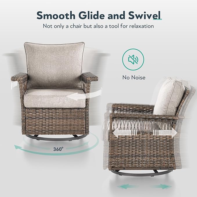 Outdoor Swivel Glider Chairs Set of 2 - Hollow Widen Armrests Wicker Patio Furniture Set, Comfortable High Back Outside Swivel Rocker for Balcony Porch Deck and Yard - Brown/Beige