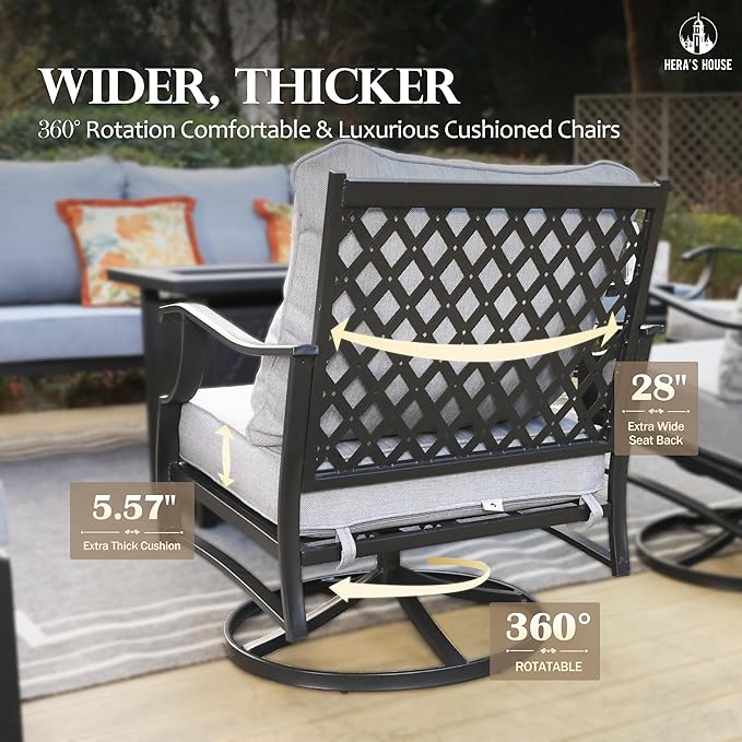 HERA'S HOUSE 6 Pieces Patio Furniture Set with Fire Pit Table, 2 x Swivel Chair, 2 x Ottoman, 3-Seat Sofa with 45" Fire Pit Table, Outdoor Conversation Set for Garden, Poolside, Backyard, Grey