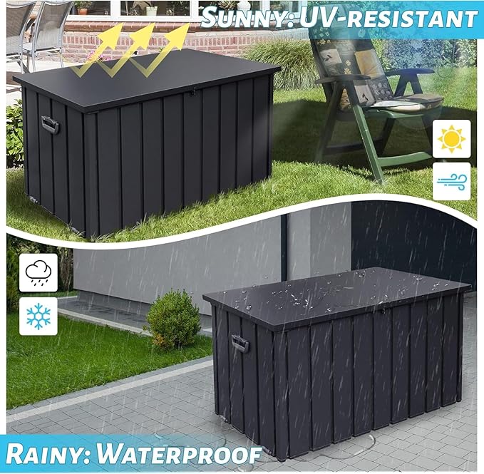 Outdoor Storage Box, 120 Gallon Metal Deck Box Built-in a Oxford Fabric Storage Bag, Lockable & Waterproof Outside Patio Storage Box - Gray