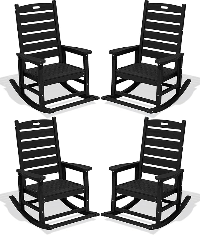 SERWALL Outdoor Rocking Chair Set of 4, Oversized HDPE Patio Rocking Chair with Footrest for Adults, All Weather Porch Rocker for Deck Patio Balcony, Black