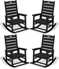 SERWALL Outdoor Rocking Chair Set of 4, Oversized HDPE Patio Rocking Chair with Footrest for Adults, All Weather Porch Rocker for Deck Patio Balcony, Black