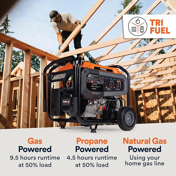 Generac 12,500 Starting Watt Tri-Fuel Portable Generator - Electric Start - Gas, Propane or Natural Gas - Home Backup, Jobsite, or RV - Quiet Operation - Long Runtime - 49-State Compliant