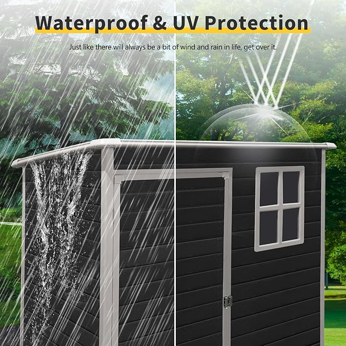 JT 5×3ft Resin Outdoor Storage Shed,Outdoor Storage Shed with Floor & Window to Store Patio Furniture, Garden Tools Bike Accessories, Beach Chairs and Lawn Mower. (Black, 5ft*3ft)