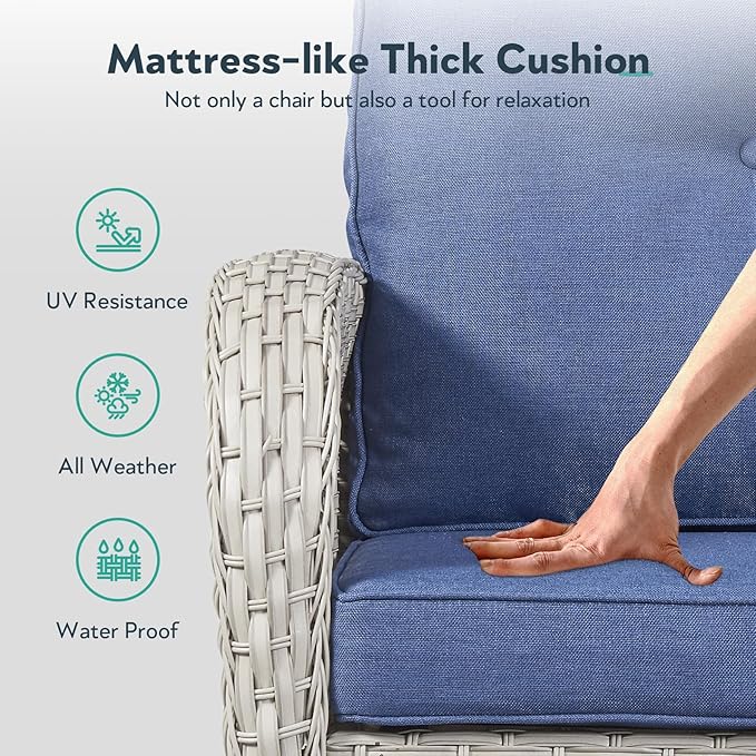 Outdoor Swivel Glider Rocker Chair Set of 4 - Wicker Patio Furniture Set All Weather Conversation Set with 2 Tempered Glass Side Table for Deck Backyard - Light Beige Wicker Blue Cushion