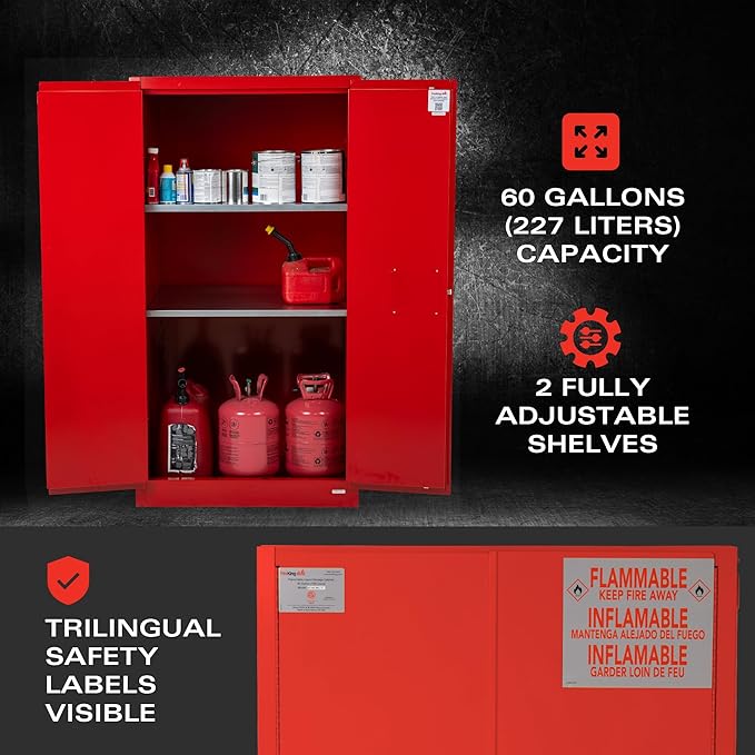 FireKing Red Flammable Safety Cabinet, Combustible Liquids Flammable Storage Cabinet, 60 Gallon Steel Safety Cabinets with Manual Door for Commercial, Industrial & Home Use, 34" x 34" x 65"