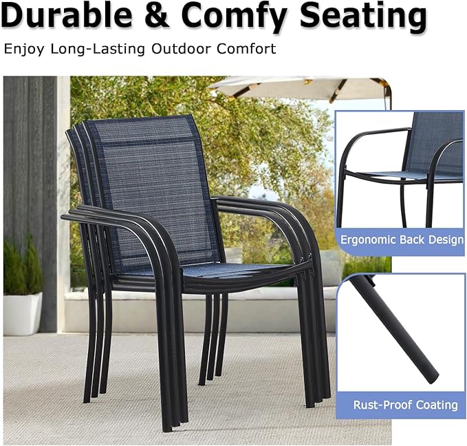 Patio Chairs Set of 8, Outdoor Dining Chairs with Breathable Textilene Fabric, Stackable Patio Chairs for Lawn, Garden, Backyard, Poolside, Dark Blue