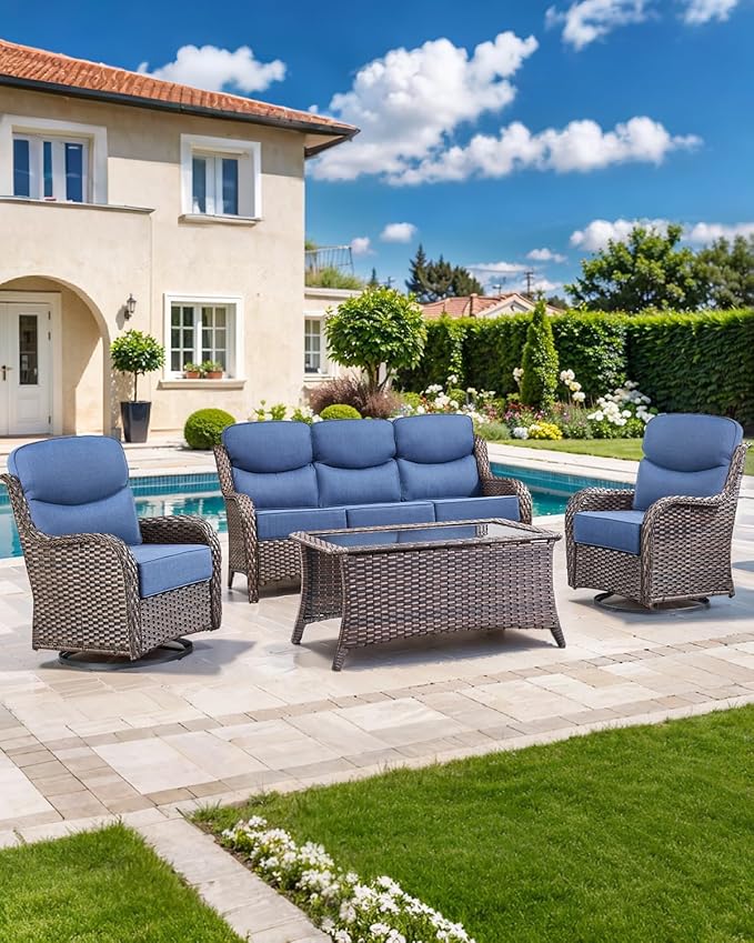 Luxury 22x24/22x25 6-Inch Smile Outdoor Cushions for Patio 5 Piece Set - Set of 5 Zippered Outside Pillows for Wicker Dining Rocking Swivel Chairs Loveseat Couch Sectional Sofa - Navy Blue