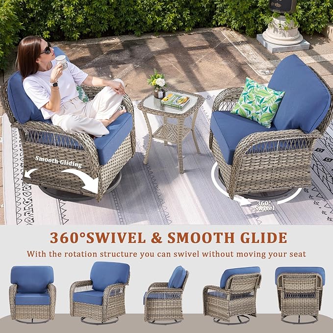 6 Pieces Patio Furniture Set Outdoor Sectional Sofa Couch with Rocking Swivel Chairs 5" Deep Seat Chairs, 2 Sofa Sets Modern Wicker Rattan Conversation Set, Blue/Gray Wicker