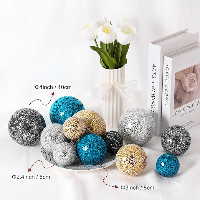 Decorative Ball for Bowls, 4 Inch Mosaic Glass Balls Decorative Glass Orbs for Home Decor/Dining Tables/Wedding Party/Coffee Table/Centerpiece Decor [Turquoise]