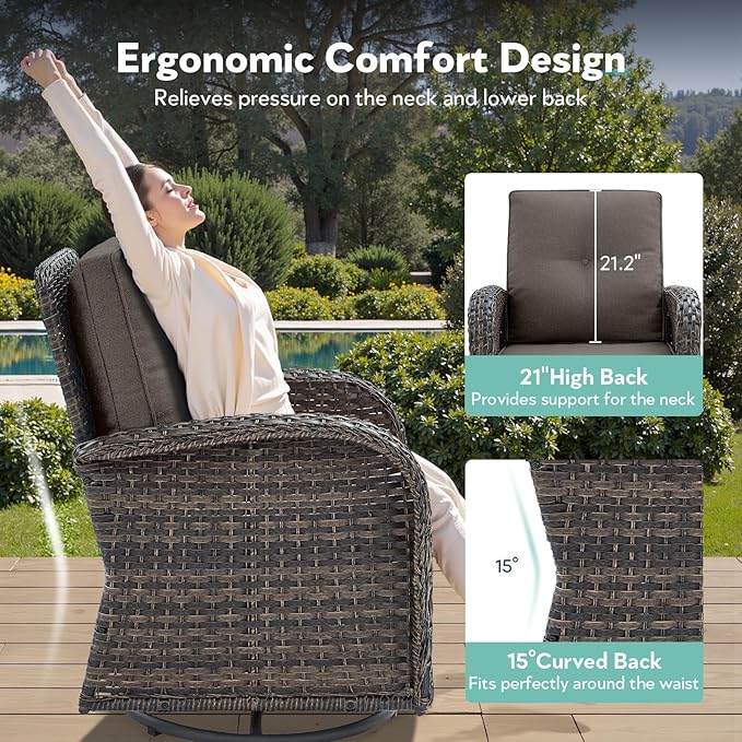 Outdoor Swivel Glider Rocker Chairs Set- 6 Piece Patio Furniture Set with A Glider Loveseat, Tempered Glass Side Table and 2 Ottoman, for Balcony, Porch - Brown Wicker, Grey Cushion