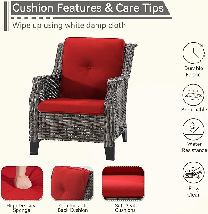 5 Piece Patio Furniture Wicker Conversation Set, 2 Chairs, 2 Ottomans with 1 Side Table, for Outdoors, Backyard, Deck, Red