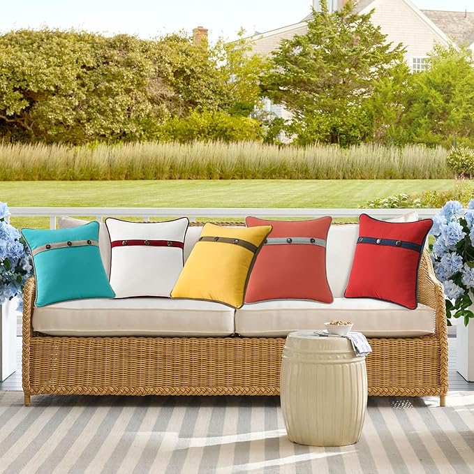 Outdoor Sunbrella Decorative Pillows with Triple Coconut Buttons Pack of 4, 18" x 18" Outdoor Pillow Set for Couch Bed Throw Patio Sofa, Spectrum Eggshell/Spectrum Ruby