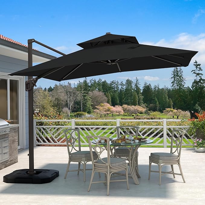 10' X 10' Cantilever Patio Umbrella Outdoor Heavy Duty Double Top Windproof Square Offset Umbrellas with 360-degree Rotation for Pool Deck Backyard, Black