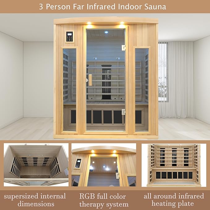 Ceramic Infrared Sauna 3 Person, Low EMF Infrared Saunas for Home, Hemlock Indoor Sauna Room, 2- in - 1 Heating Panels, Bluetooth Speakers, Chromotherapy Lights
