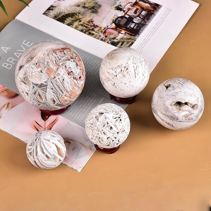 JIC Gem Large Mexican White Agate Crystal Sphere Ball with Wooden Stand White Healing Crystal Decorative Ball 90-100mm