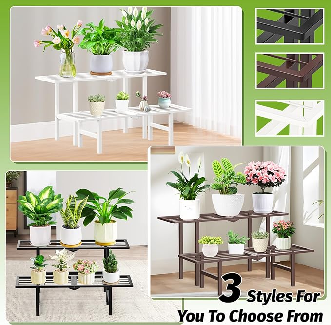 2 Tier Stackable Plant Stand Indoor Outdoor, Freestanding Tiered Folding Heavy Duty Metal Ladder Plant Shelf, Multiple Plant Pot Holder Display Rack for Living Room Garden Balcony Patio, Black