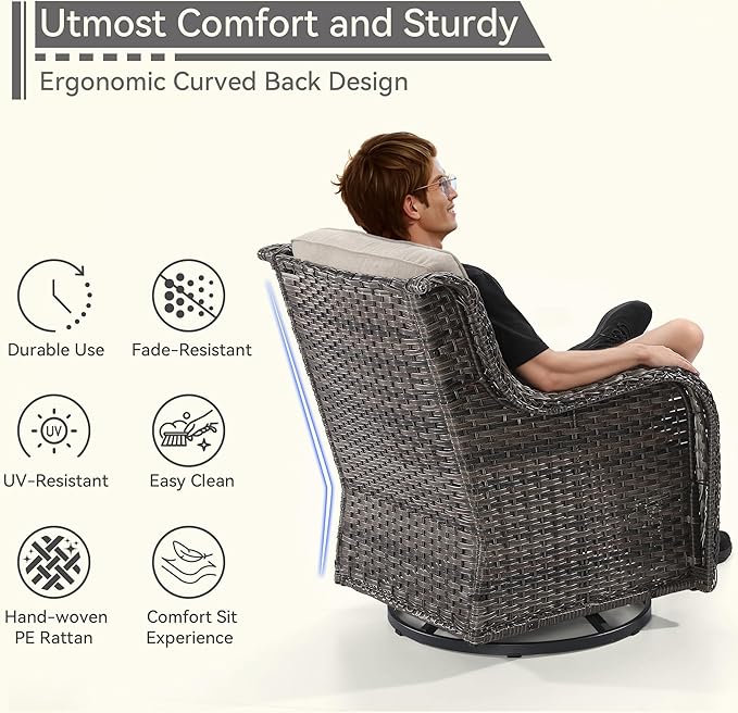 5 Pieces Outdoor Patio Furniture Set - Conversation Set Includes Wicker Swivel Rocker Chairs Set of 2, 2 Ottoman, 3 Seat Sofa, Suitable for Porch, Yard, Mixed Brown Rattan, Beige