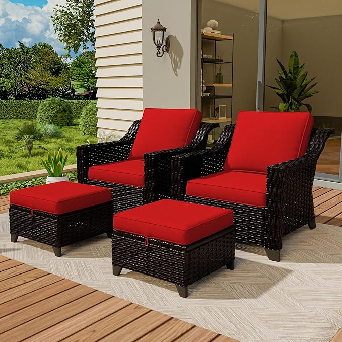 Vista Vibe 4 Pieces Outdoor Patio Conversation Furniture Set - 2 Luxurious Armchairs | 2 Wicker Ottomans, Removable Cushions, Hand-Woven PE Rattan, Office, Porch (Brown/Red)