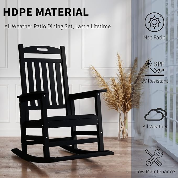 Kingdura Outdoor Rocking Chairs Set of 2, HDPE Plastic Patio Rocking Chair All-Weather Oversized Porch Rocker with High Back for Patio Outside Backyard Balcony (Black)