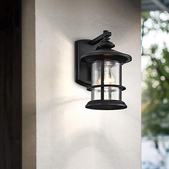 MICSIU Textured Black Outdoor Wall Sconce 2 Pack, Waterproof Exterior Wall Lighting Fixtures with Clear Seedy Glass, 10" Outside Lights for House Front, Porch, Patio, Backyard