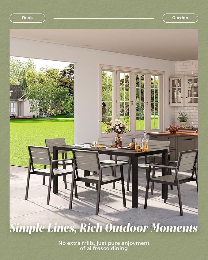 Outdoor Dining Set for 6, Patio Table and Chairs Set, Aluminum Patio Furniture Set with Umbrella Hole, HDPS Patio Dining Table Set for 6 (Gray)