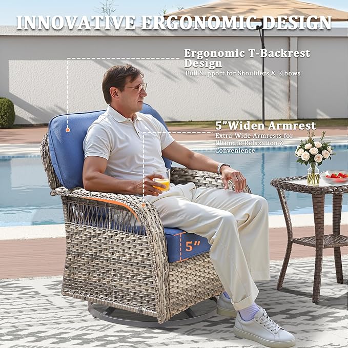 9 Pieces Patio Furniture Set Outdoor Sectional Sofa Couch with Rocking Swivel Chairs 5" Deep Seat Chairs, Modern Wicker Rattan Conversation Set, Blue/Gray Wicker