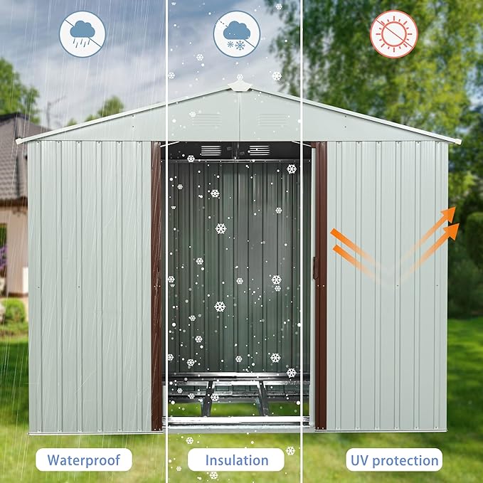 4x8 FT Outdoor Storage Shed, Metal Garden Shed with Frame Floor, Outside Tool Shed with Lockable Sliding Doors, Waterproof Storage Building with Sloped Roof for Backyard, Patio, Lawn, White