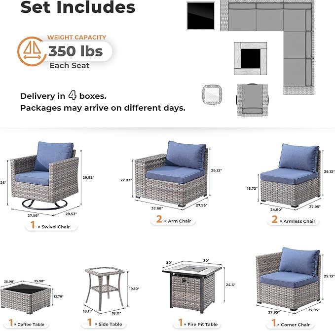 ovios 9 Pieces Patio Furniture Set, Outdoor Wicker Sectional Sofa with 30" Fire Pit Table Swivel Chair, Modern Modular Deep Seat Rattan Couch Conversation Sets, Denim Blue