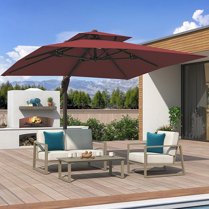 10x10 FT Cantilever Patio Umbrella Double Top Outdoor Square Large Heavy Duty Aluminum Offset Umbrellas with 7 Level Tilt 360-degree Rotation for Pool Garden Deck, Wine Red