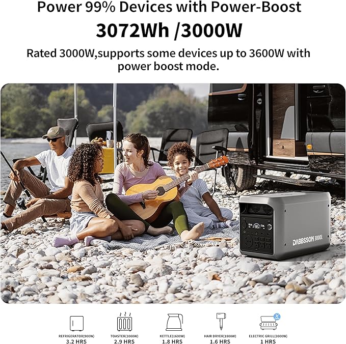 DABBSSON 3072Wh Solar Generator with 420W Solar Panel, Semi-Solid LiFePO4, 3000W AC Output×6,TT-30×1 for Charging RV,P-Boost 3600W,Lightweight,1.3X Runtime, 3000L Power Station for Camping Home Backup