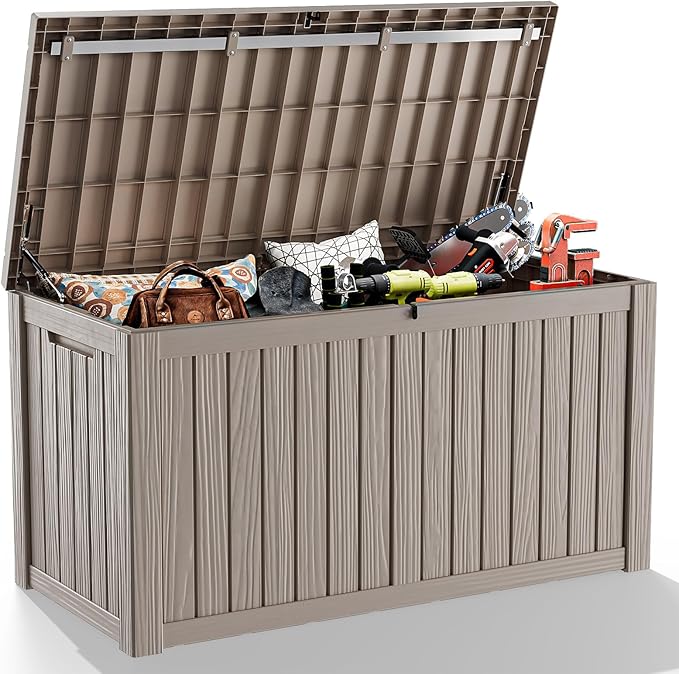 180 Gallon Large Deck Box,Resin Outdoor Storage Box with Lockable for Patio Furniture, Pool Accessories, Garden Tools Waterproof Outside Storage Box, Grey