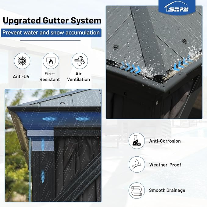 Outdoor Hardtop Gazebo for Patio 10x12FT with Resin-Galvanized Steel Roof, Metal Hard Top Gazebo with Gutters, Heavy Duty Gazebos All Season with Curtains & Netting, for Deck, Backyard, Hot Tub