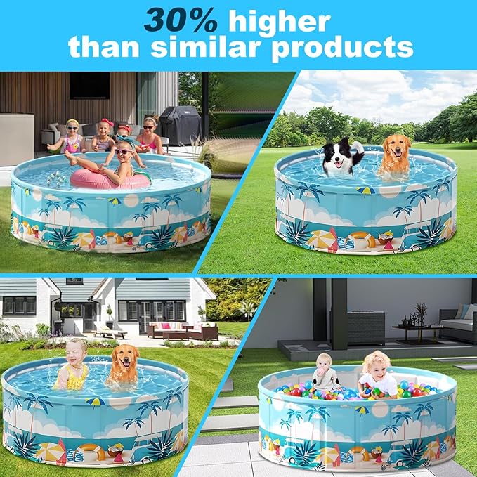 Foldable Swimming Pool for Kids 63"x18" Hard Plastic Portable Dog Pool Anti-Slip Collapsible Pets Bathtub Kiddie Pool Indoor Outdoor Backyard (Beach Party 63'')