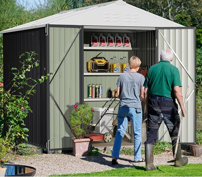 Greesum 8x6FT Outdoor Storage Shed, Utility Tool Shed Metal Storage Garden Shed with Door & Lock for Patio Storage, Gray