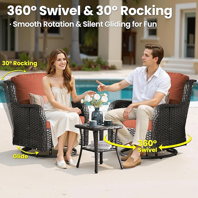 ovios 8 Pieces Patio Furniture Set, Outdoor Wicker Sofa Couch with Swivel Chairs 42" Fire Pit Table, High Back All Weather Modern Conversation Sets, Brown Rattan, Orange Red