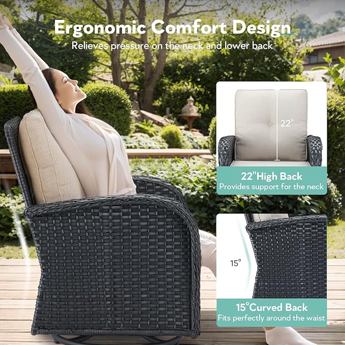 5 Piece Patio Furniture Set - Wicker Patio Conversation Set with Swivel Glider, Glider Loveseat, Tempered Glass Side Table and Coffee Table for Deck Backyard - Black Wicker Beige Cushion