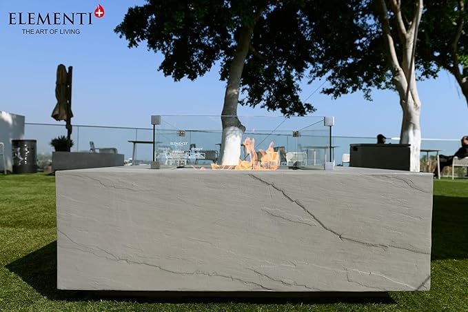Elementi+ | Bundle Capertee Gas Fire Pit Cast Concrete 40" Square Fire Table, Outdoor Fire Pit Electronic Ignition | Canvas Cover, Fire Glass and Burner Lid Included | Light Gray | Natural Gas