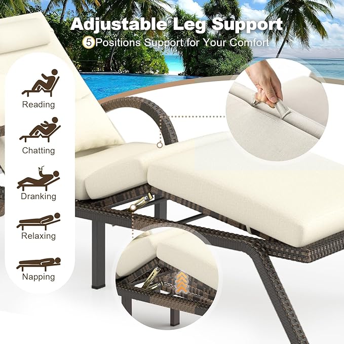 MEISSALIVVE Outdoor Lounge Chairs Set of 2, Patio Chaise Loungers with Adjustable 5-Position & Leg Support, PE Rattan Chaise Lounge, Wicker Pool Recliners Chair for Backyard, Porch, Deck,（Brown