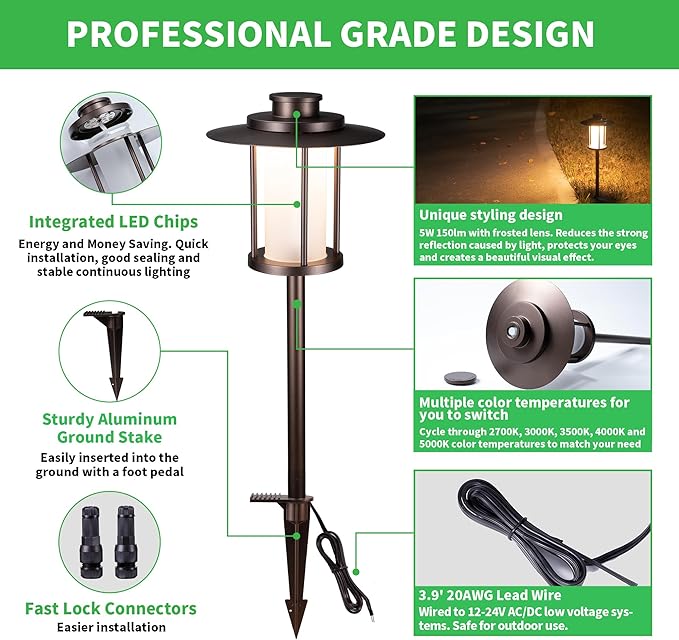 Low Voltage Pathway Lights - 2700K/3000K/3500K/4000K/5000K Selectable Landscape Path Light Wired, 12V IP65 Waterproof Walkway Lamp, Lantern Shape LED Aluminum ORB for Outdoor Yard Garden